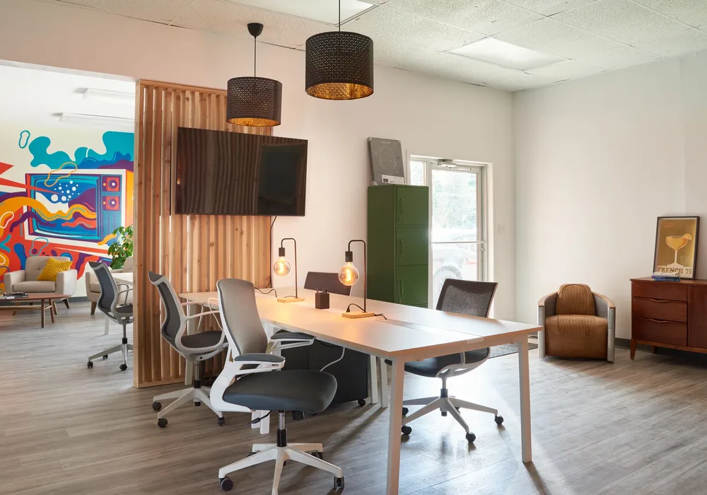 The main room, with the meeting table and the mural.