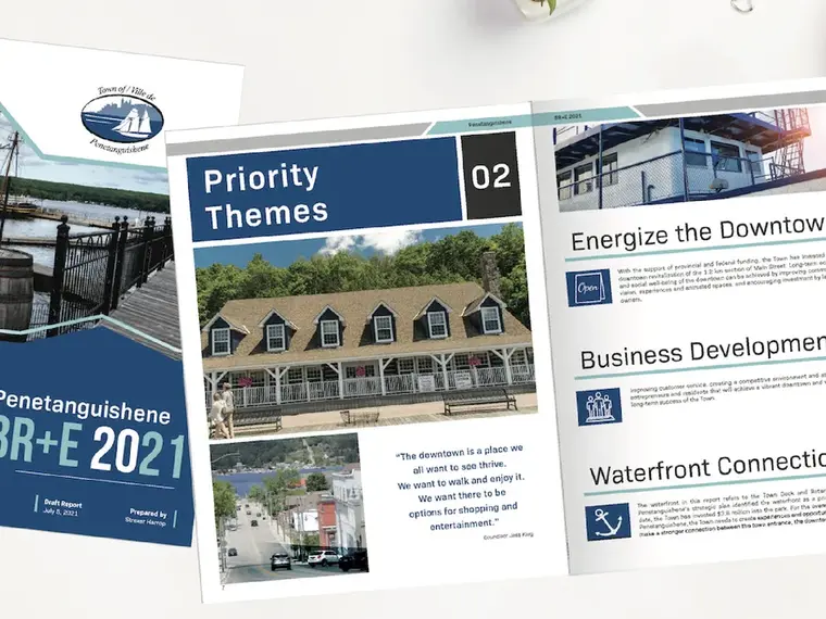 The Penetanguishene BR+E 2021 report, open on the priority themes: energize the downtown, business development and the waterfront connection.